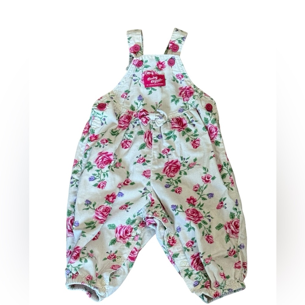 VTG 90’s OshKosh B'gosh Bubble Romper Corduroy Floral Overalls‎ - Pink and White